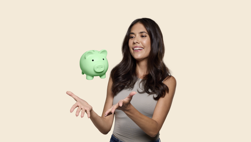 Rest member Valeria holding a green piggy bank