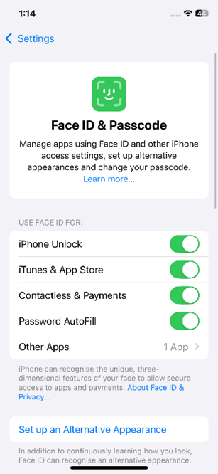 Face ID & Passcode iOS device settings