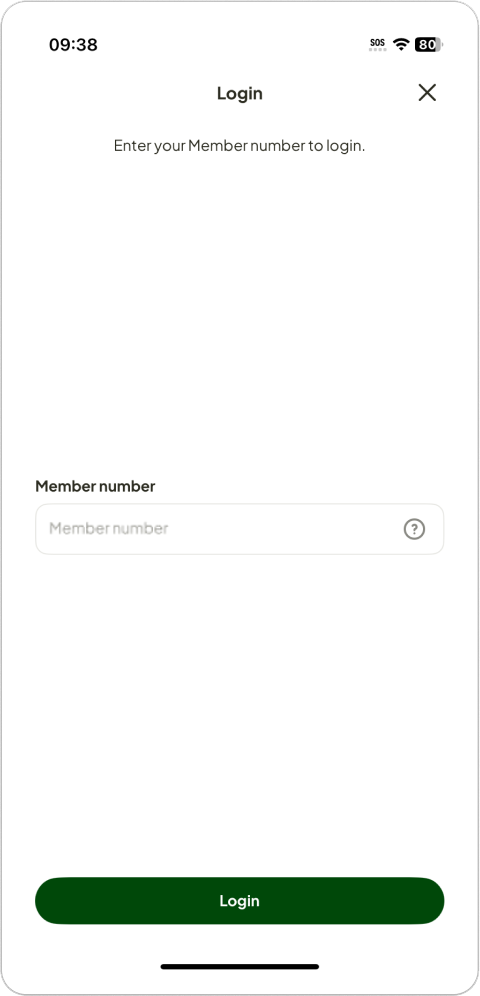 App screen showing member number field.